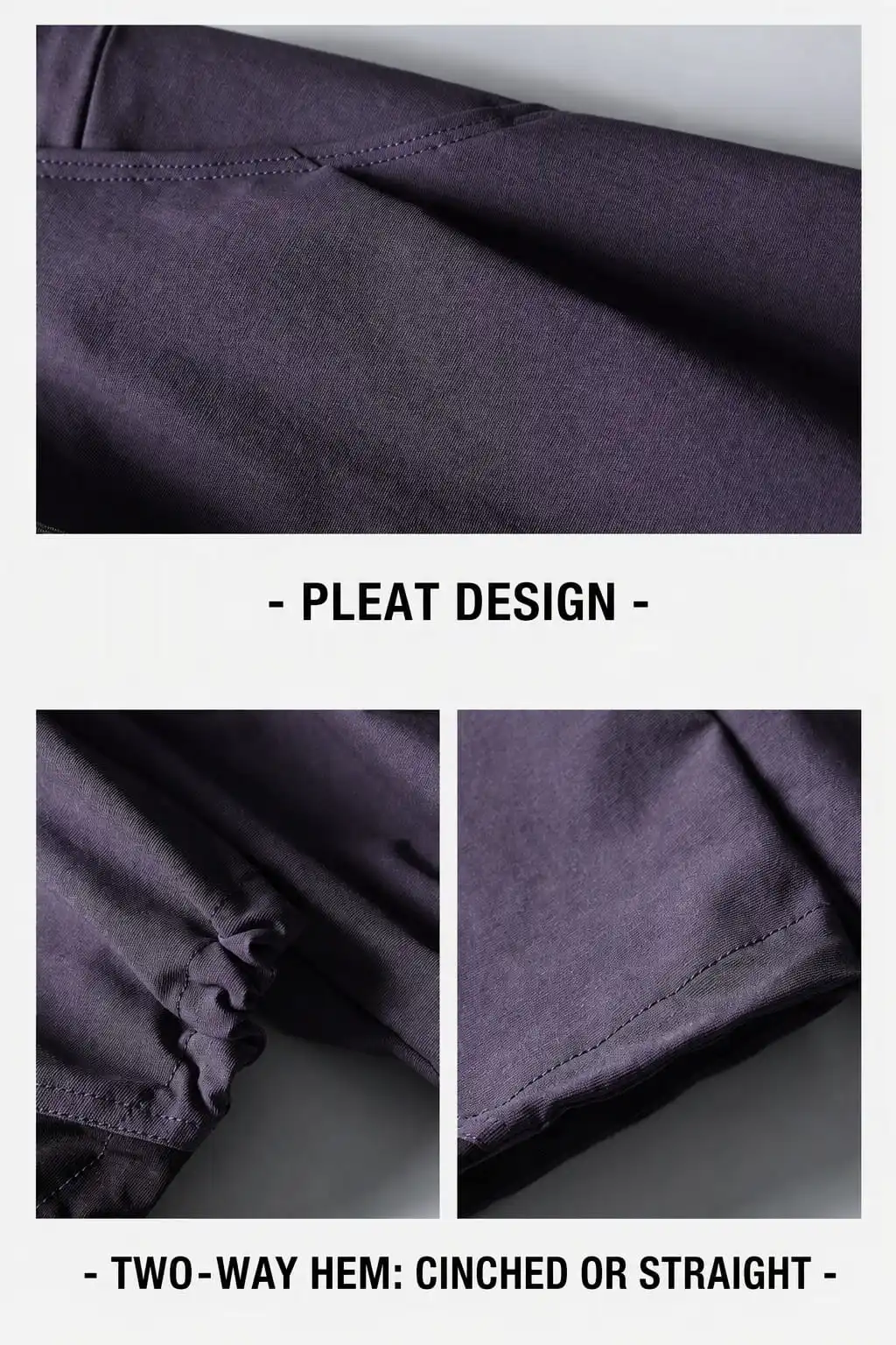 Close-up of the pleat construction and convertible straight-leg or cinched-hem details