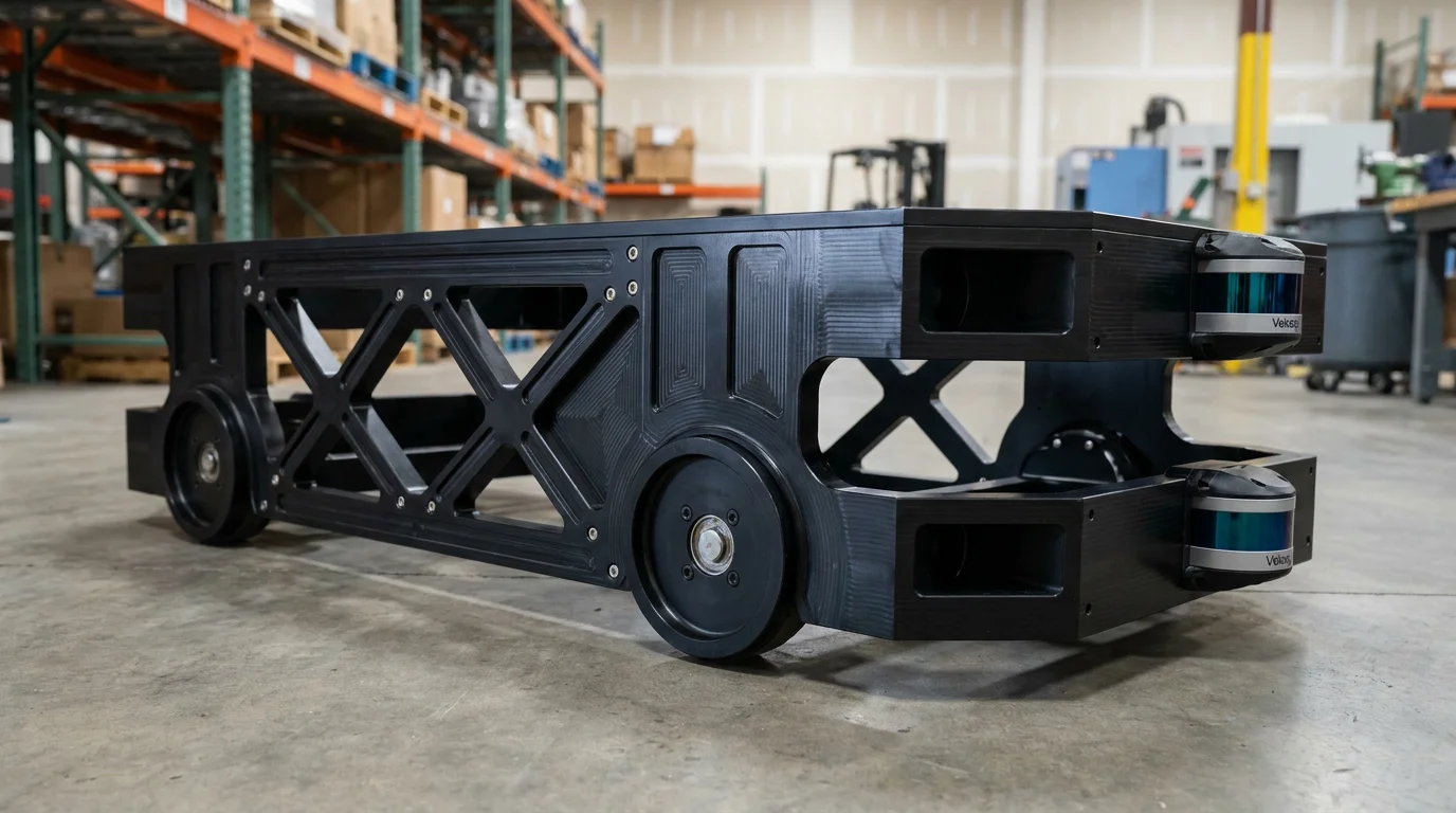 Alloyer CNC machined black anodized aluminum 6061-T6 chassis frame for an industrial AMR with precision mounting points