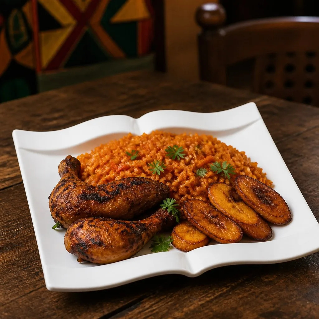 Scene Jollof rice grilled chicken