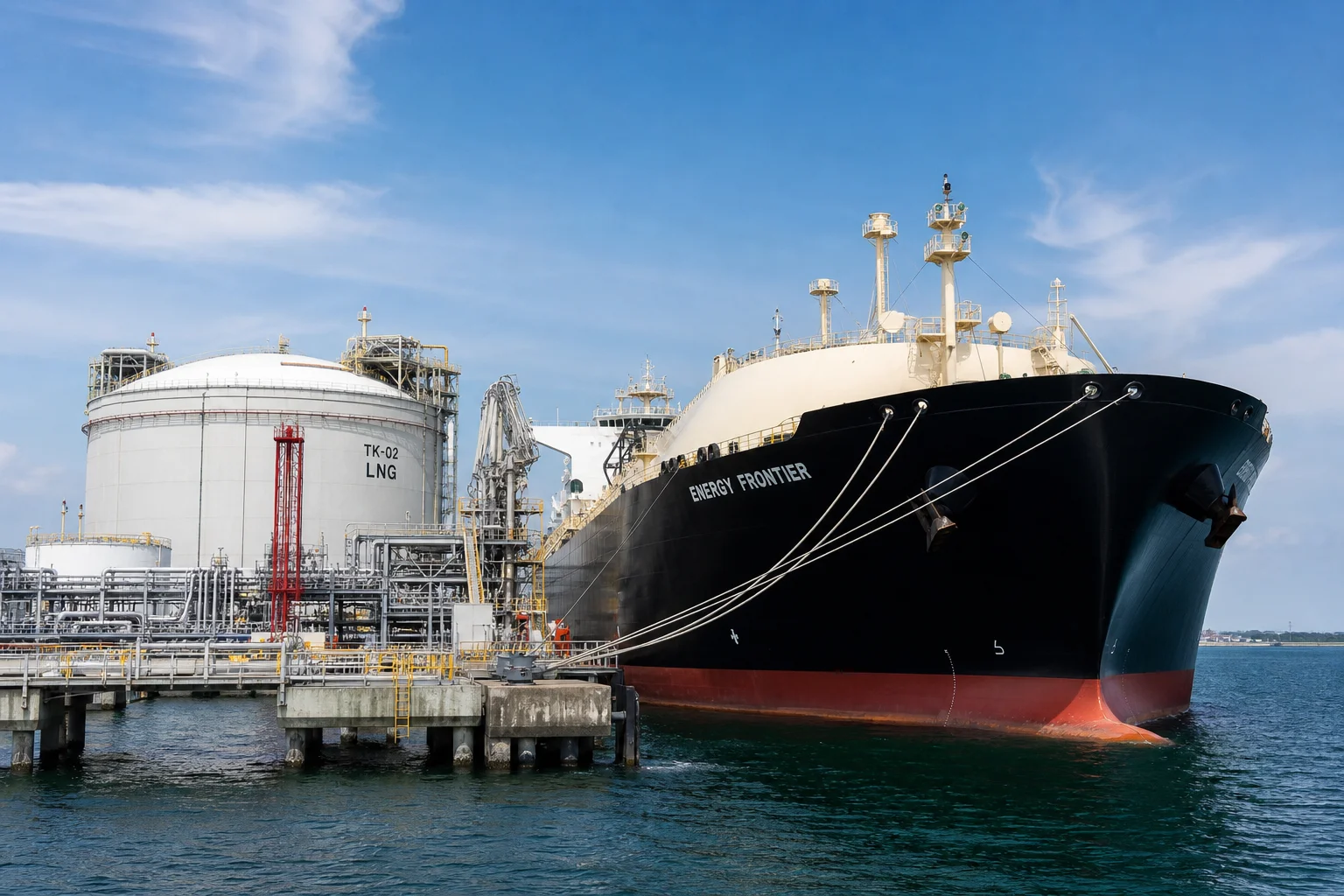Modern liquefied natural gas LNG carrier ship docked alongside coastal cryogenic LNG storage terminal