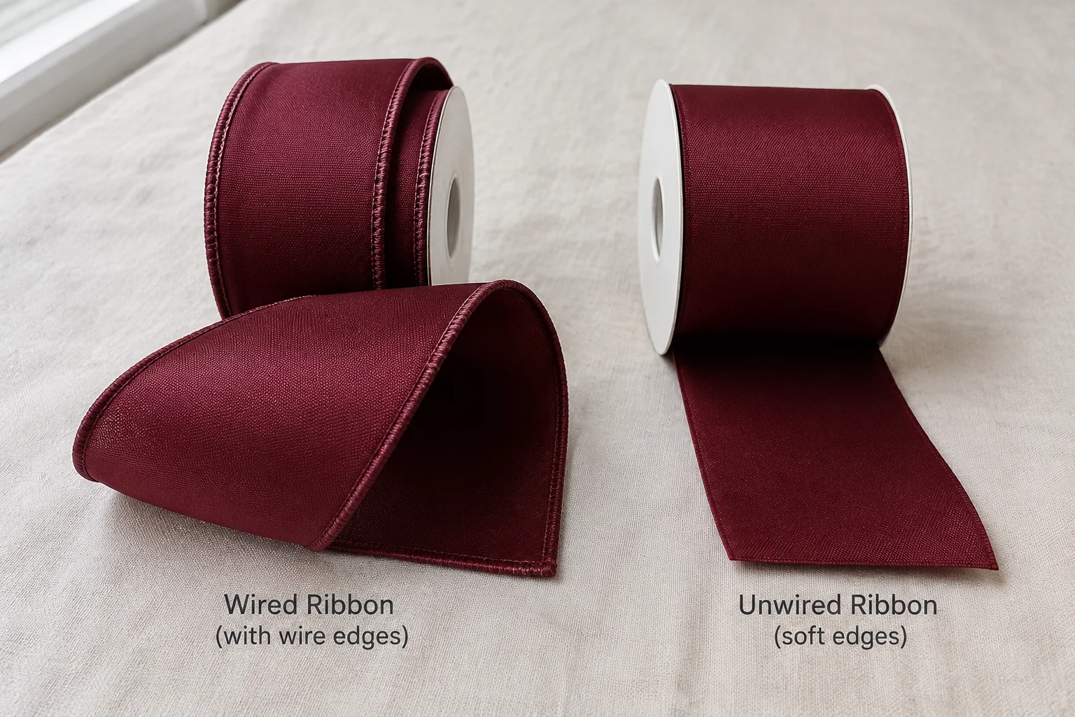 Wired and unwired burgundy ribbon rolls side by side showing wire along wired ribbon selvedge edges and soft edges of unwired ribbon