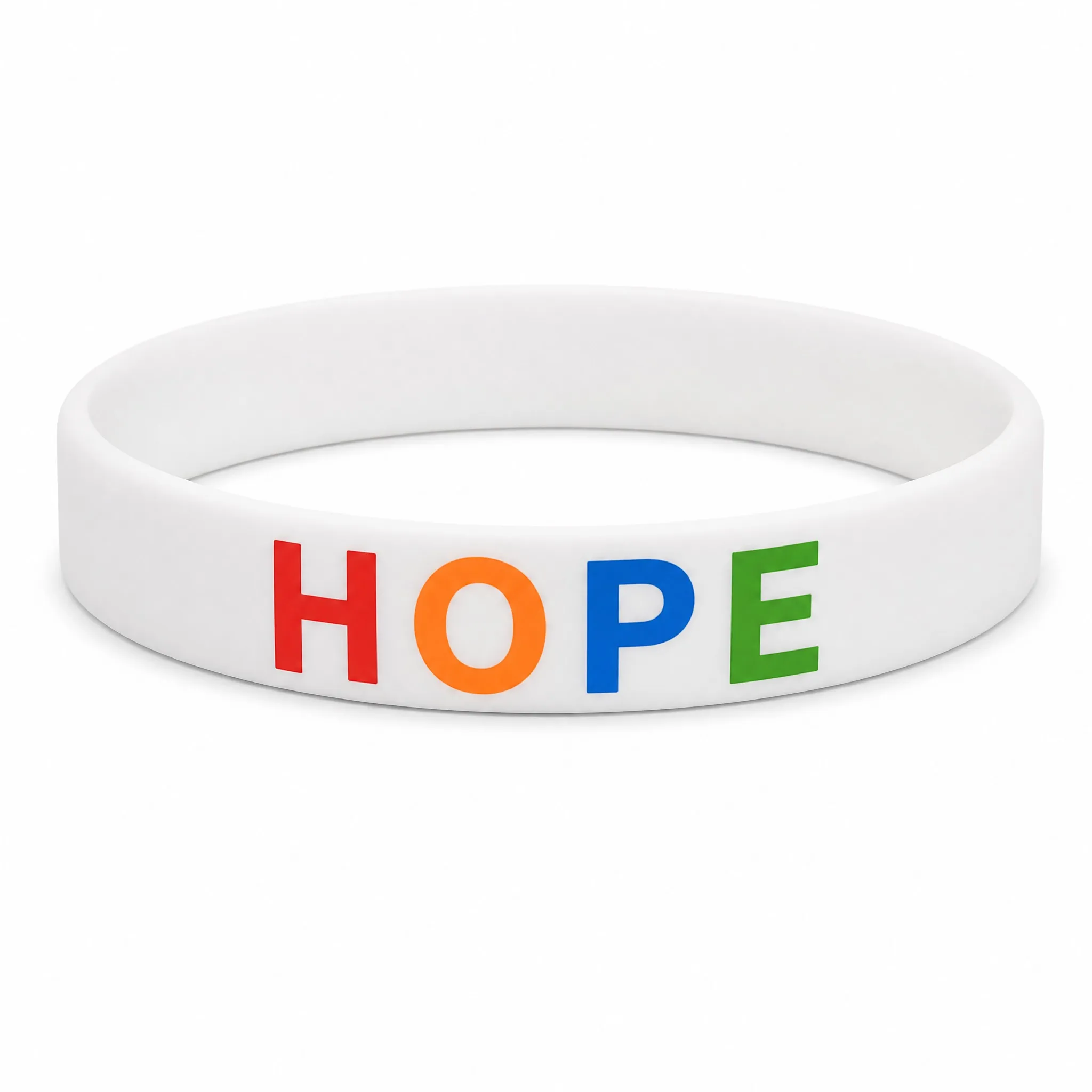 Custom CMYK silicone bracelet with UV full color printed HOPE on white background