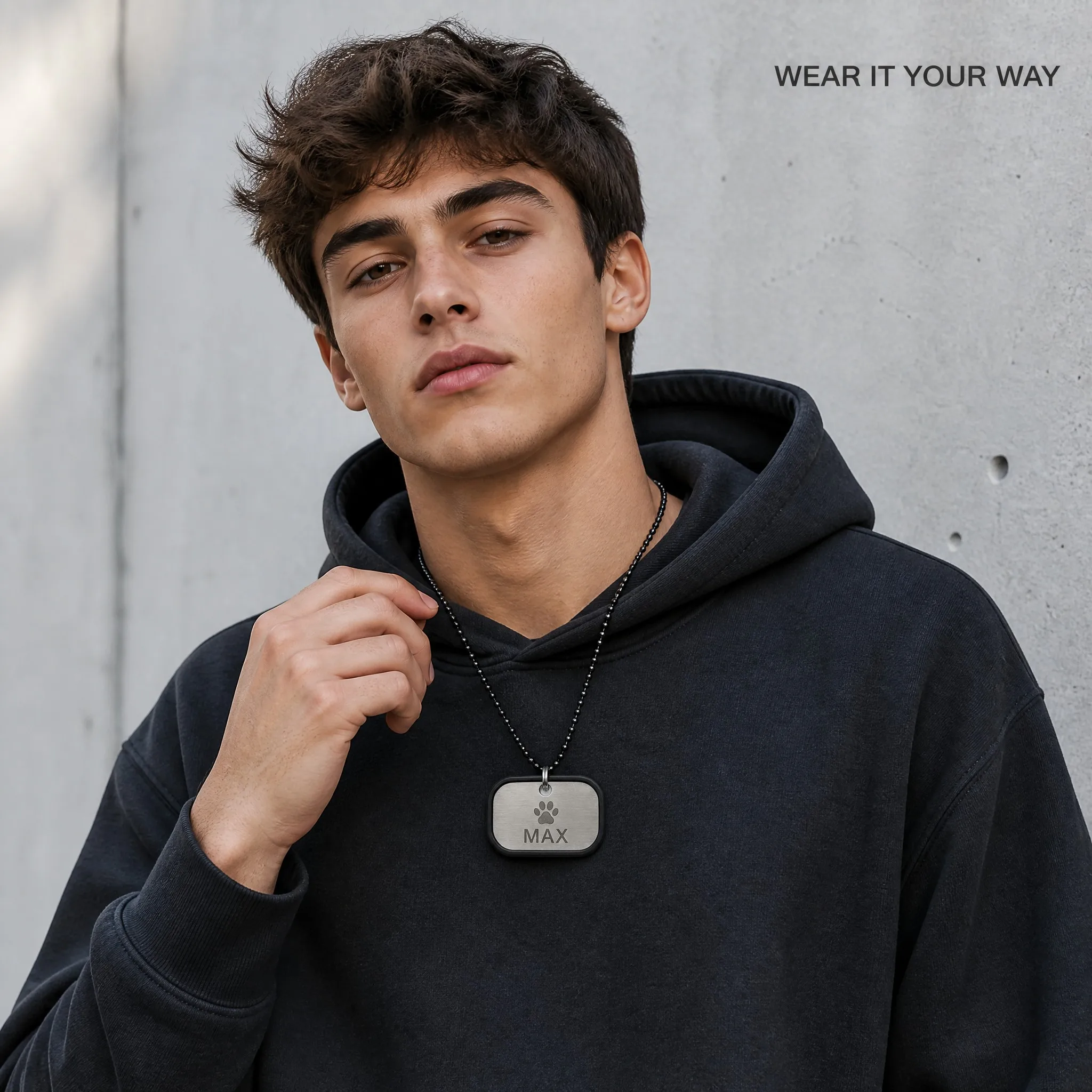 Young man wearing the dog tag as a necklace - street style