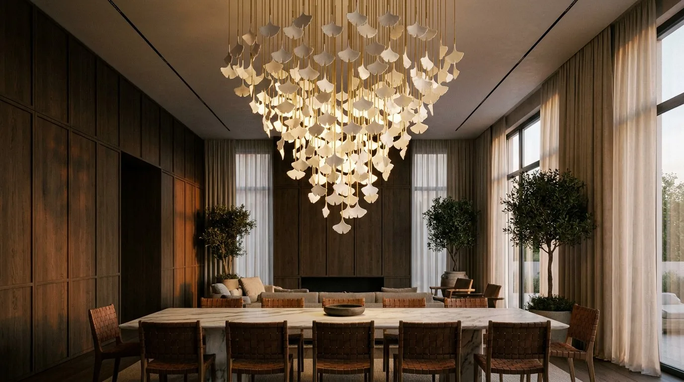 Luxury dining room featuring a cascading ginkgo leaf chandelier