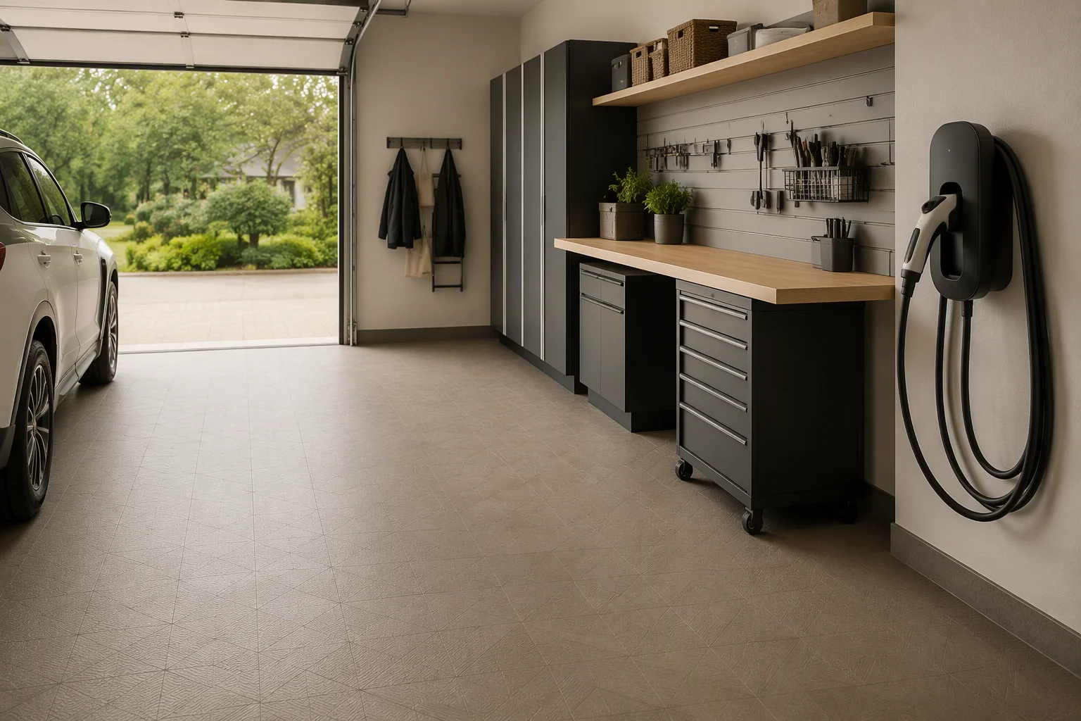 Modern garage with warm matte interlocking garage floor tiles and wall-mounted storage