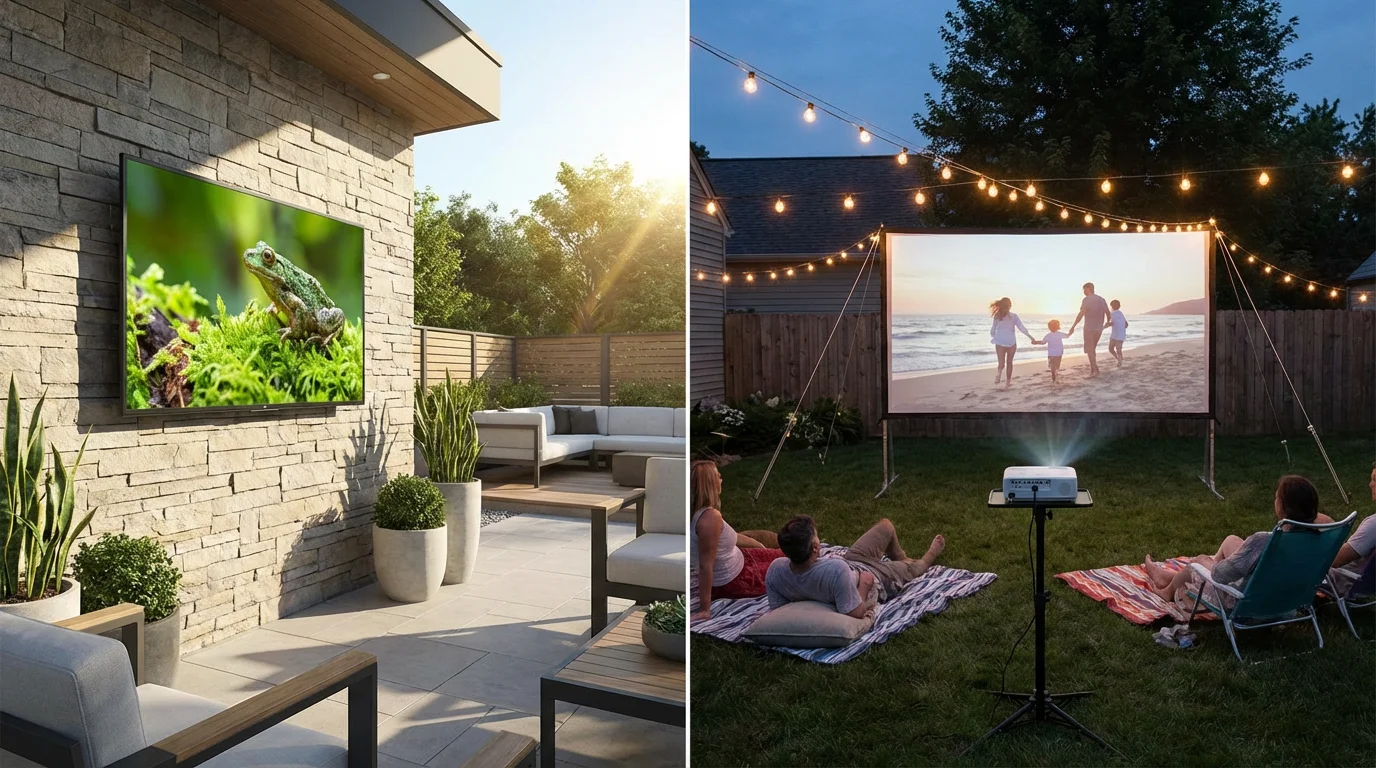 Outdoor TV mounted in sunlight vs outdoor projector at dusk — side-by-side comparison