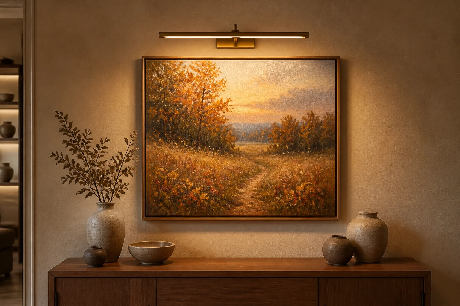 Antique brass wireless picture light mounted above framed autumn landscape painting in a modern gallery living room