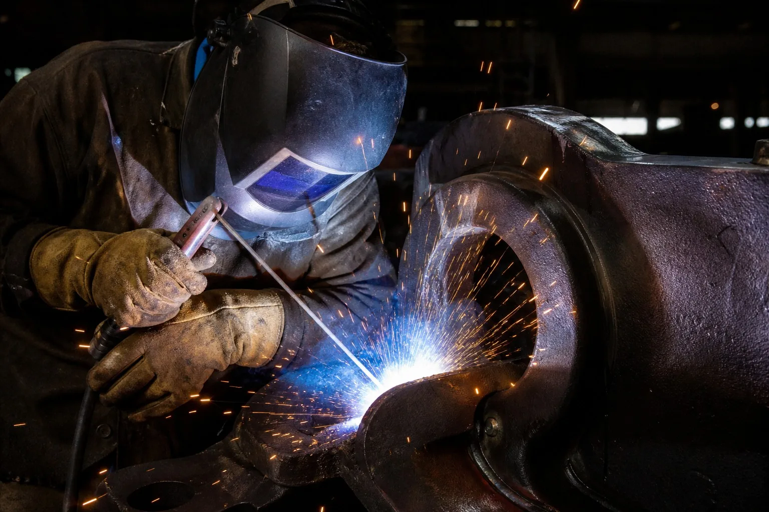Welder performing SMAW stick welding on large steel casting with bright arc