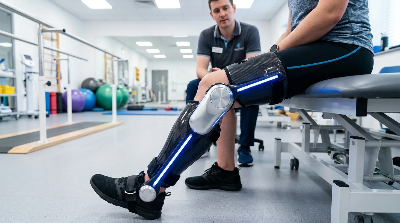Silver robot joint module mounted on a powered exoskeleton leg frame in a medical rehabilitation laboratory setting