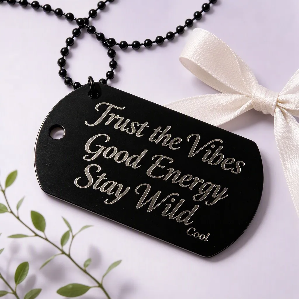 Matte black handwriting quote dog tag on lavender backdrop