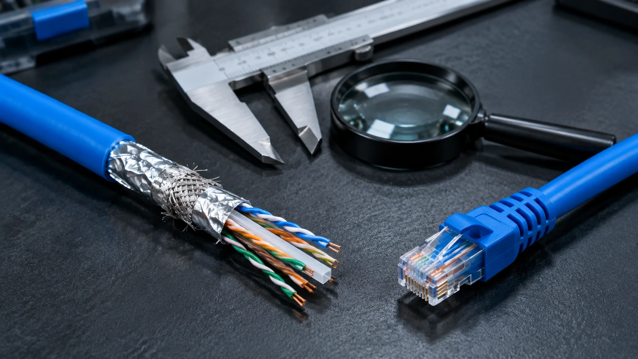 Two Cat6A cable samples side by side on an inspection bench with a caliper