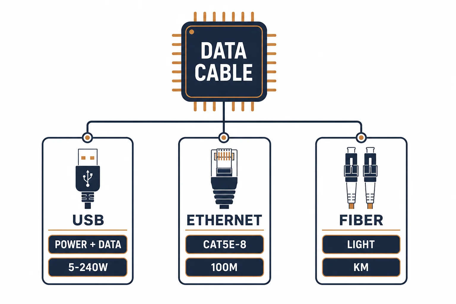 Branch diagram of data cable types USB, ethernet and fiber with their capabilities