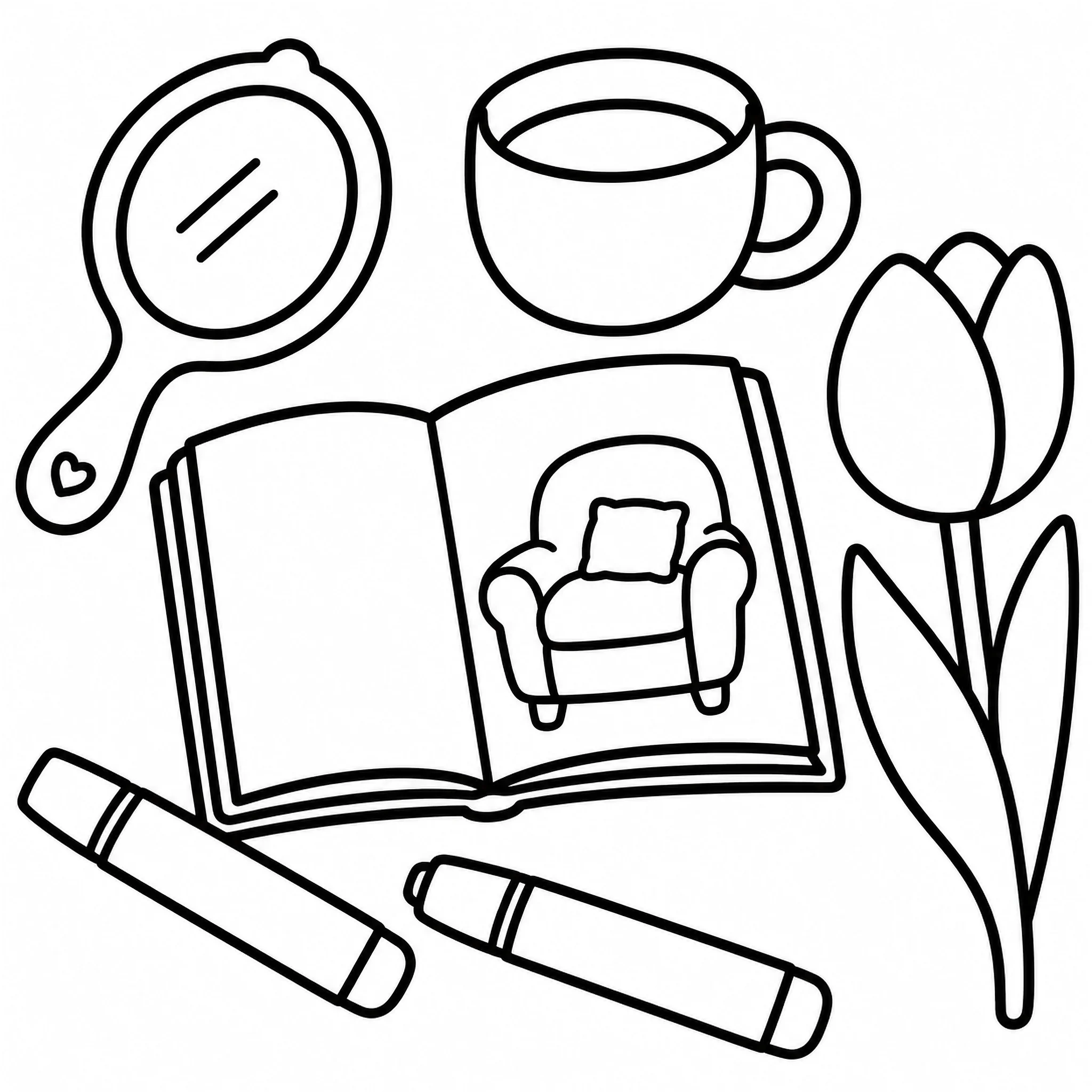 Bold and easy flat-lay self-love coloring book page with an open book, handheld mirror, tulip, and teacup