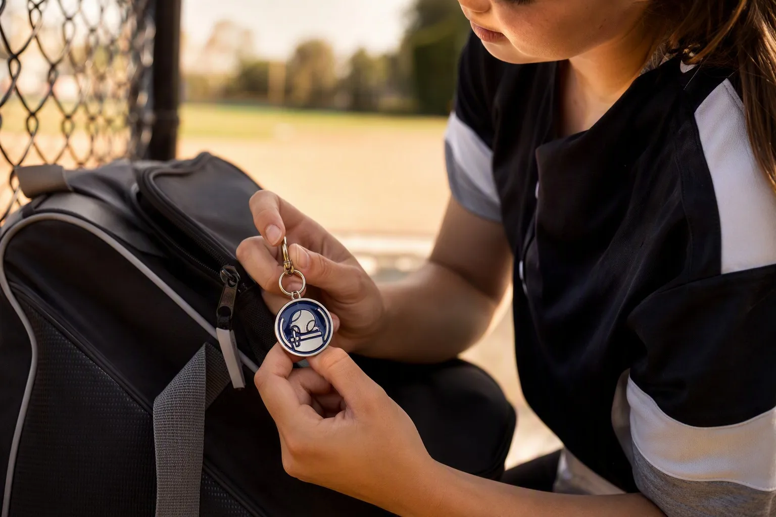 Player attaching club enamel tag to gear bag