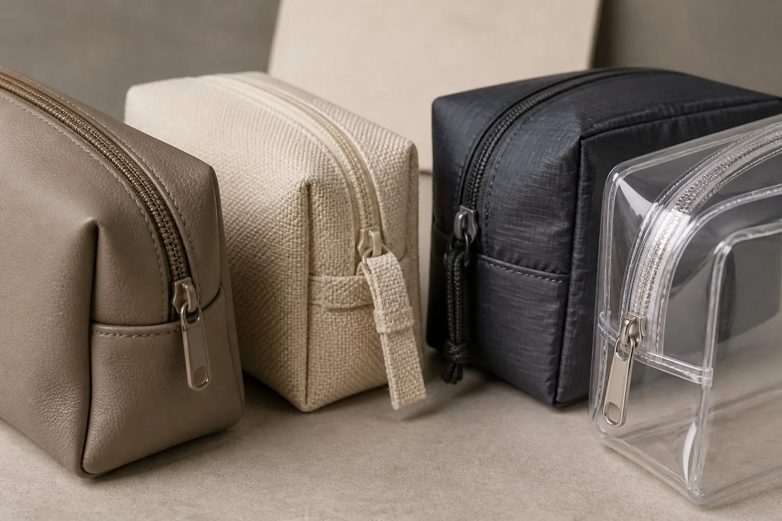 Close comparison of faux leather, canvas, nylon and transparent TPU cosmetic bag materials