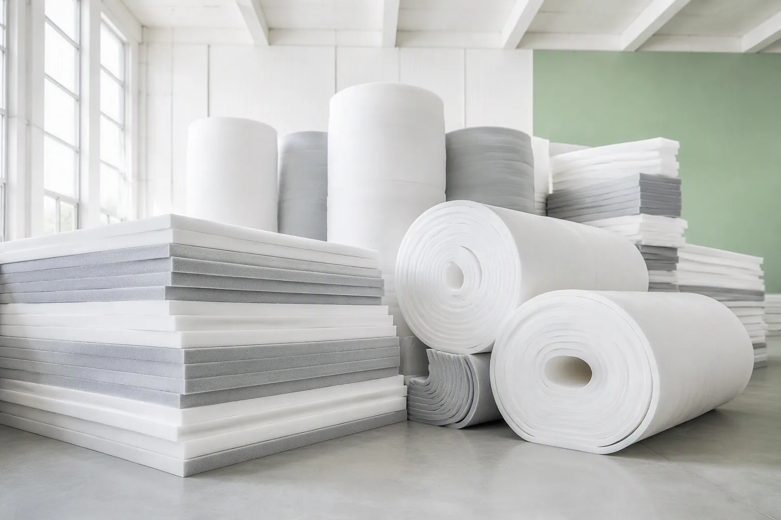 Monomaterial closed-cell foam sheets and rolls in a clean bright facility
