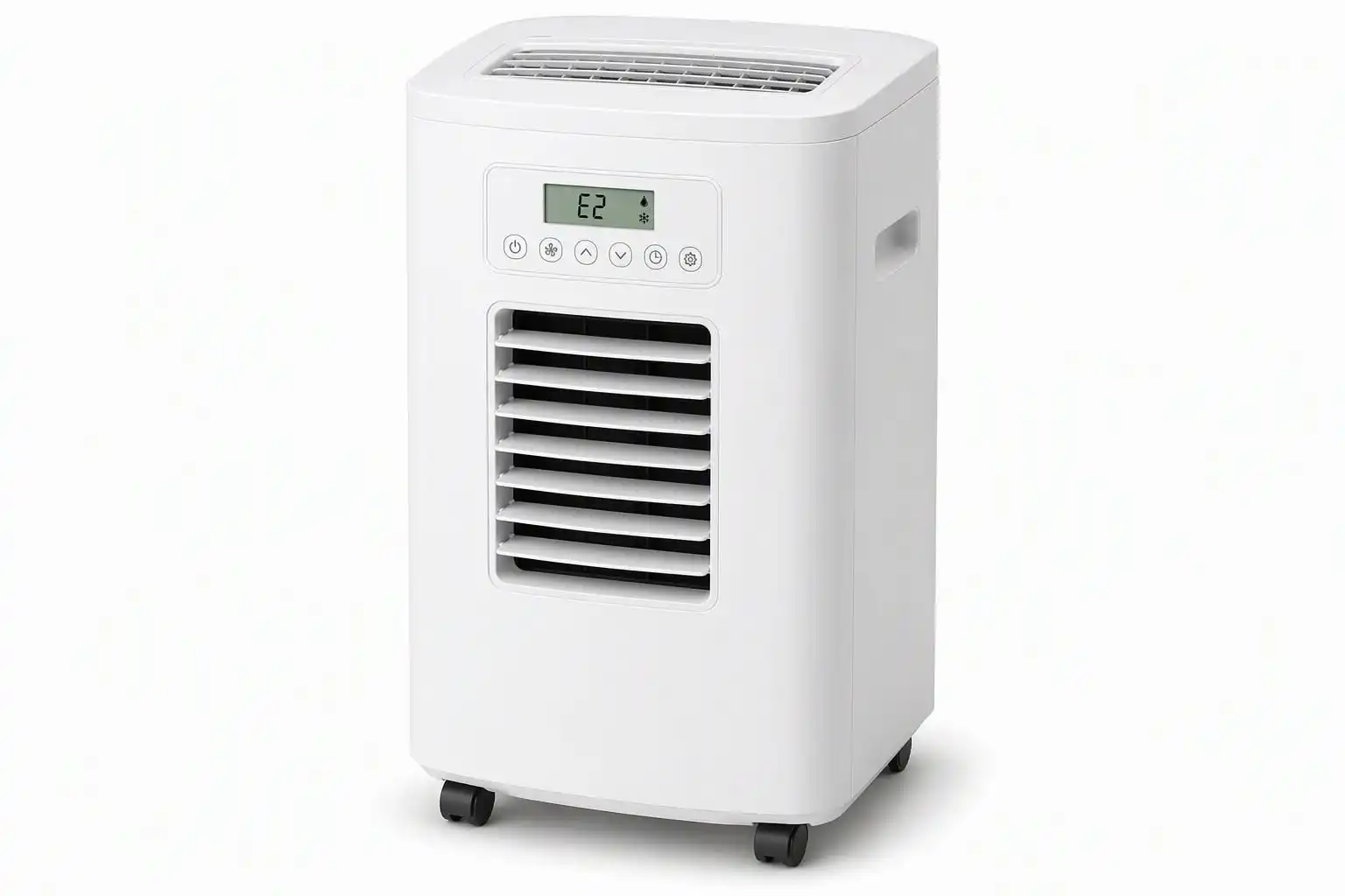 White household portable air conditioner with small LCD, six touch keys and louver discharge