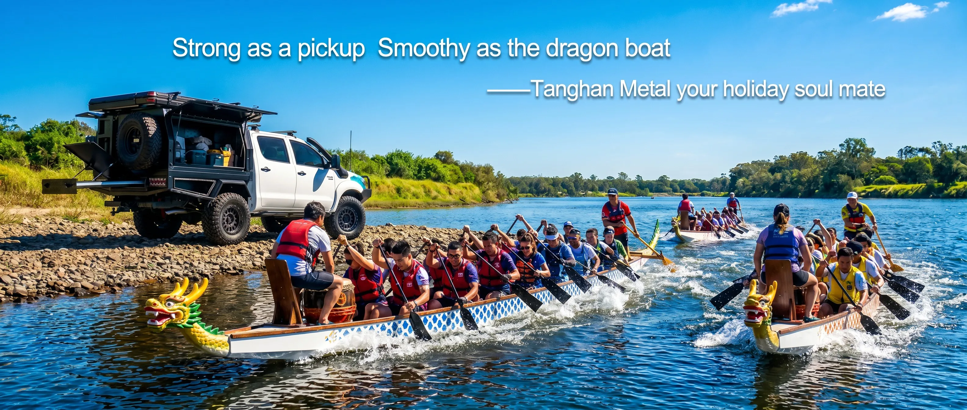 TangHan Metal Ute Tray and Canopy — Dragon Boat Festival on the river with paddlers racing alongside a fully-equipped 4x4 ute