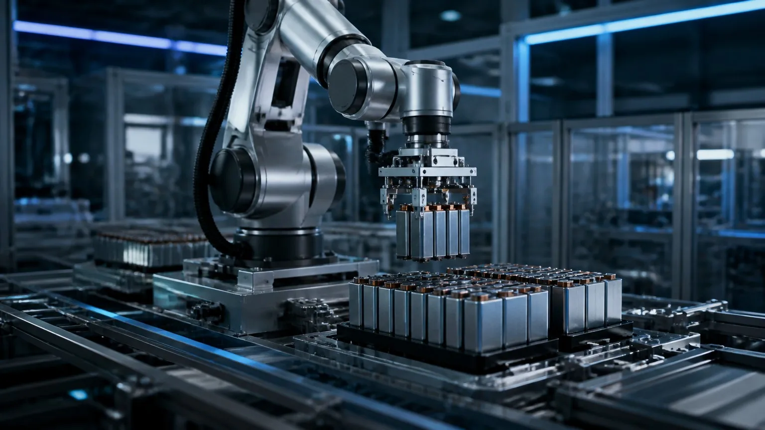 Robotic arm with joint modules stacking prismatic battery cells on an EV battery production line