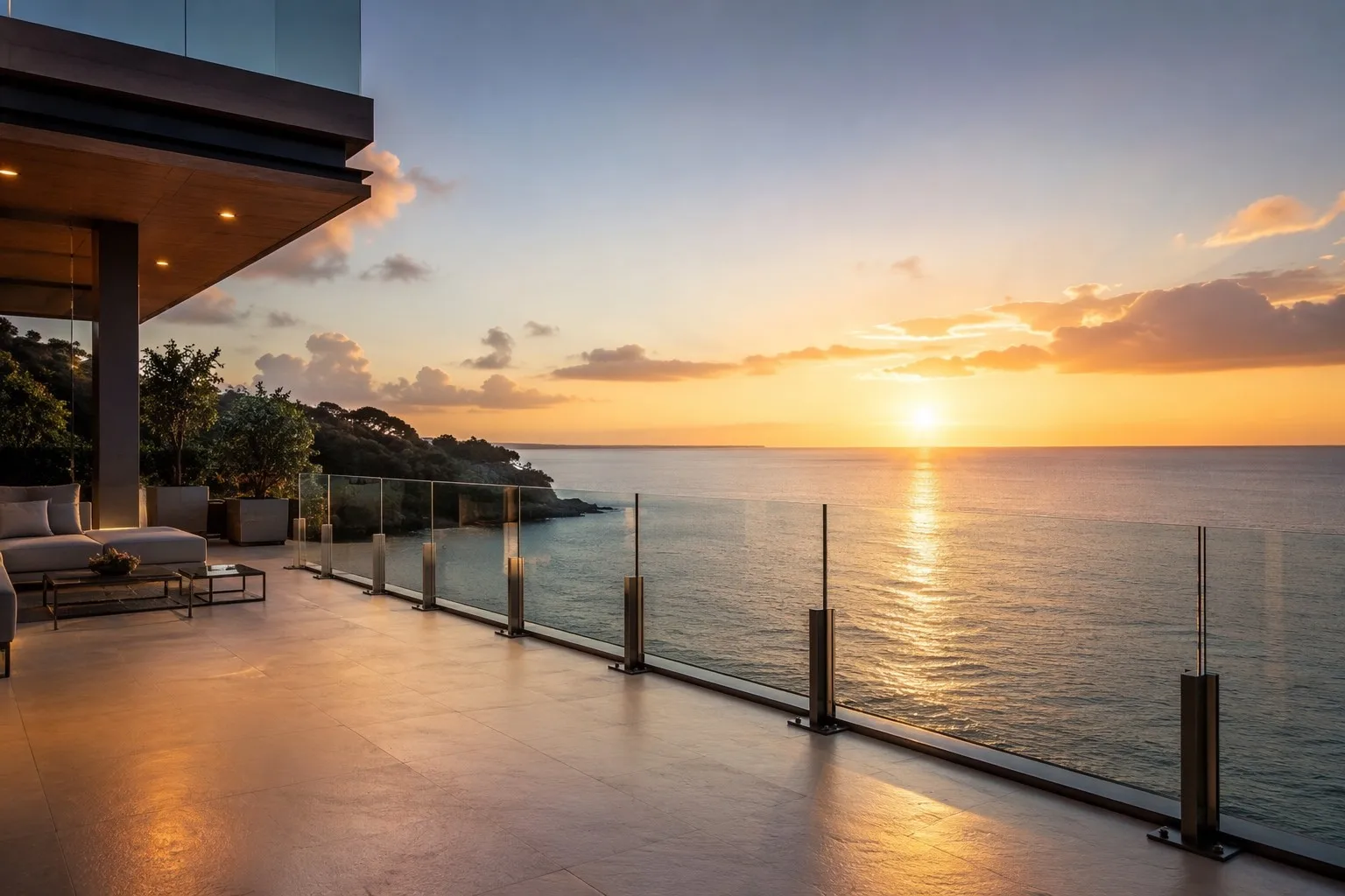 Luxury waterfront villa balcony with frameless glass railing ocean view sunset