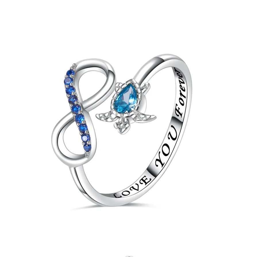 

Slovehoony Blue Zircon Infinity And Sea Turtle 925 Sterling Silver Jewelry Adjustable Open Rings Love You Forever Ring