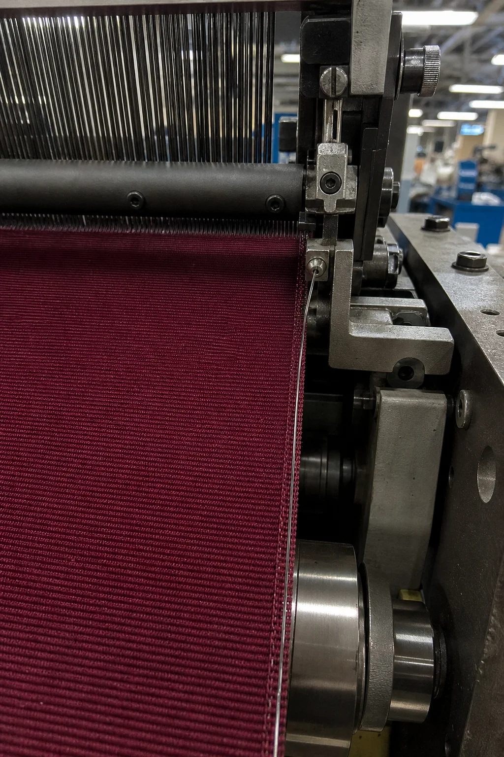 Ribbon loom during wire insertion: thin wire being woven into the selvedge edge of grosgrain ribbon