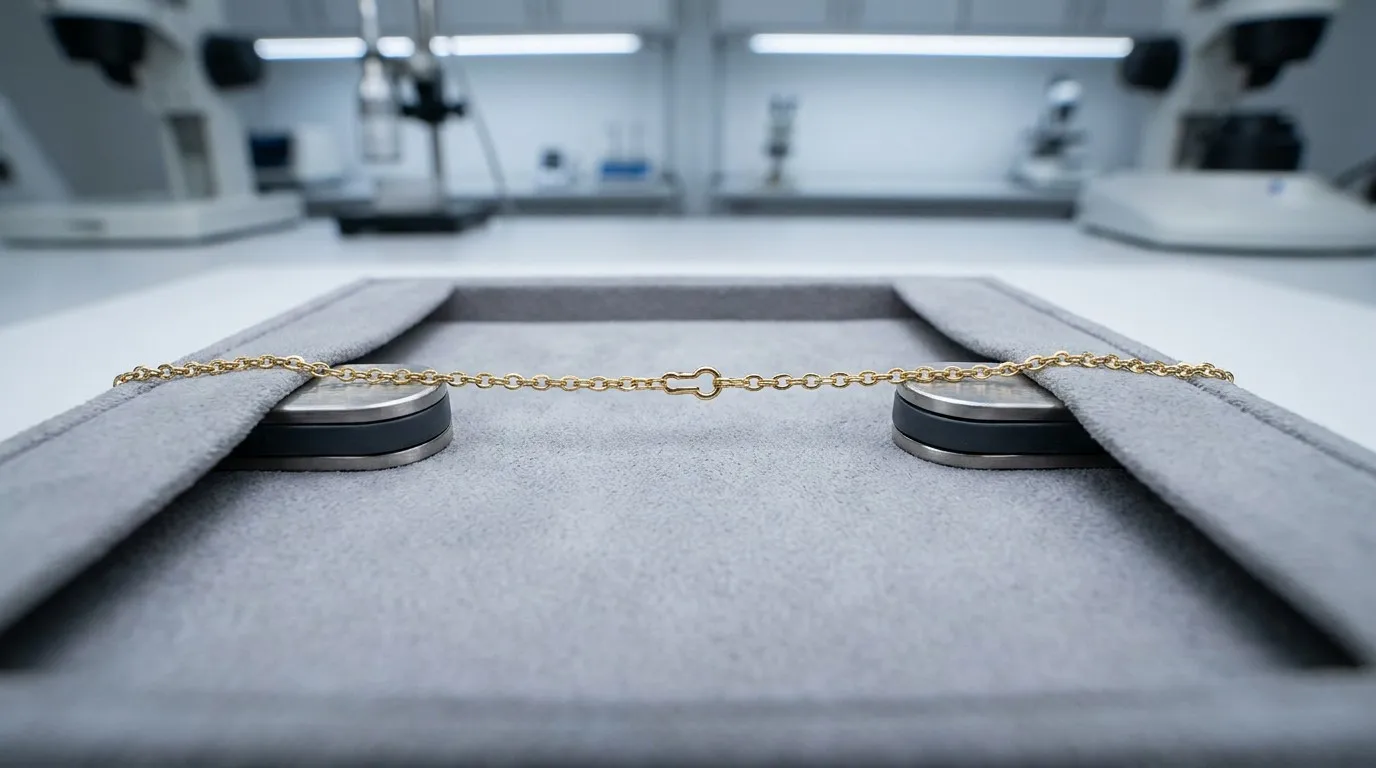 Macro view of an innovative Anti-Tangle locking system for a necklace box insert.