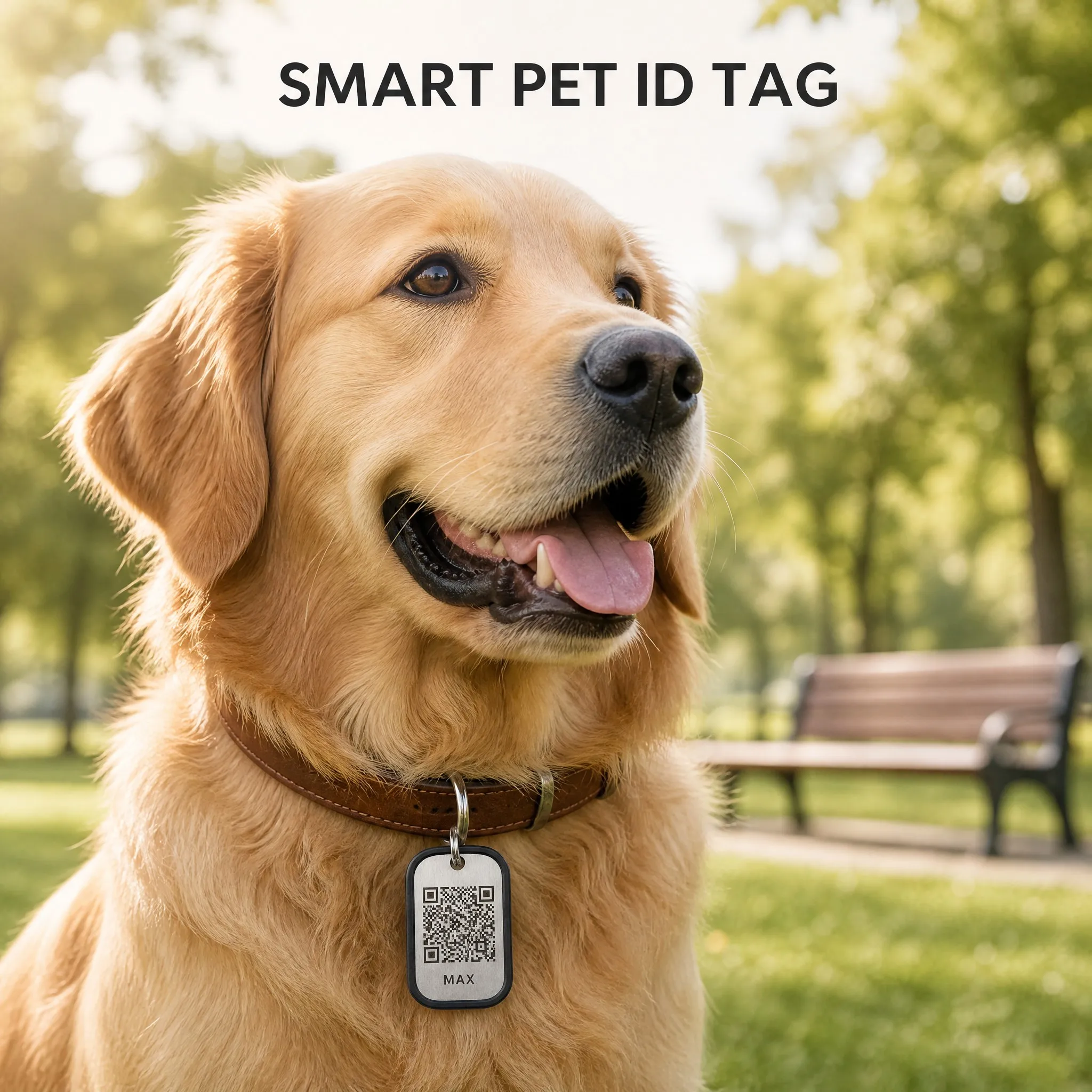 Golden retriever wearing the QR code dog tag in a park - Lifestyle