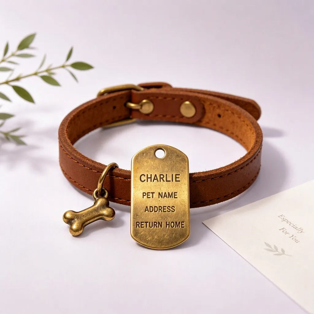 Antique brass pet ID tag with bone charm on lavender studio backdrop