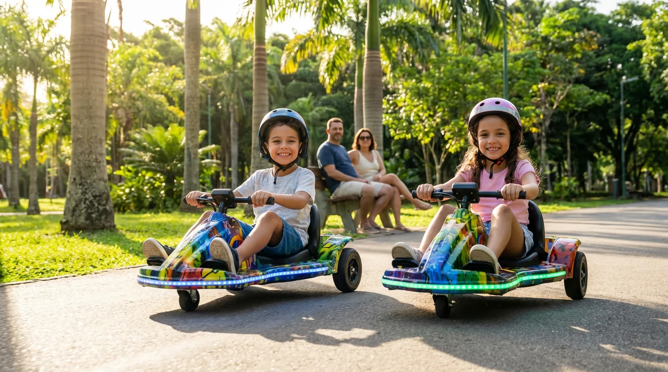 Crianças brasileiras andando de drift trike elétrico em parque