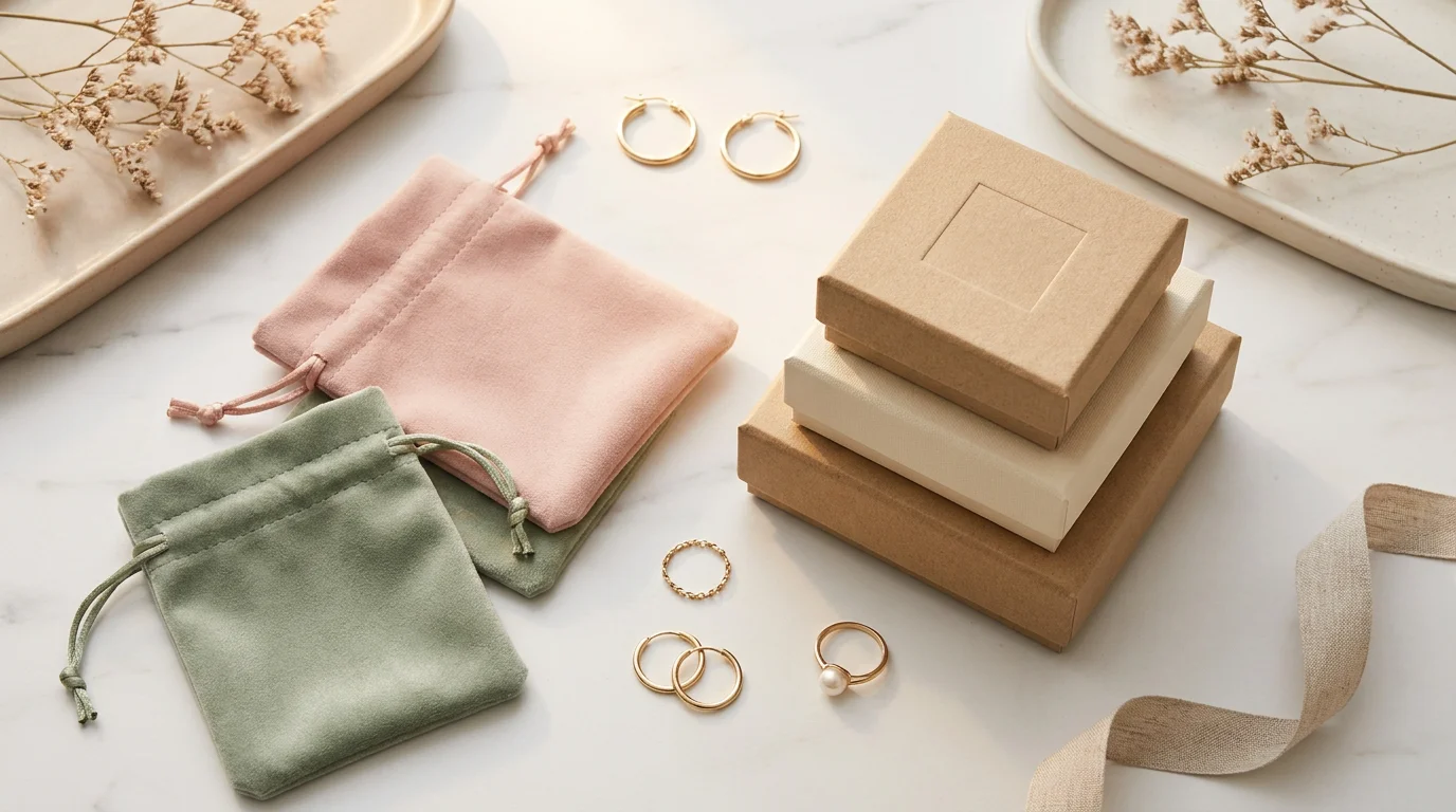 Flat lay of kraft and cream rigid jewelry boxes stacked beside blush and sage velvet drawstring pouches with gold jewelry on a marble surface