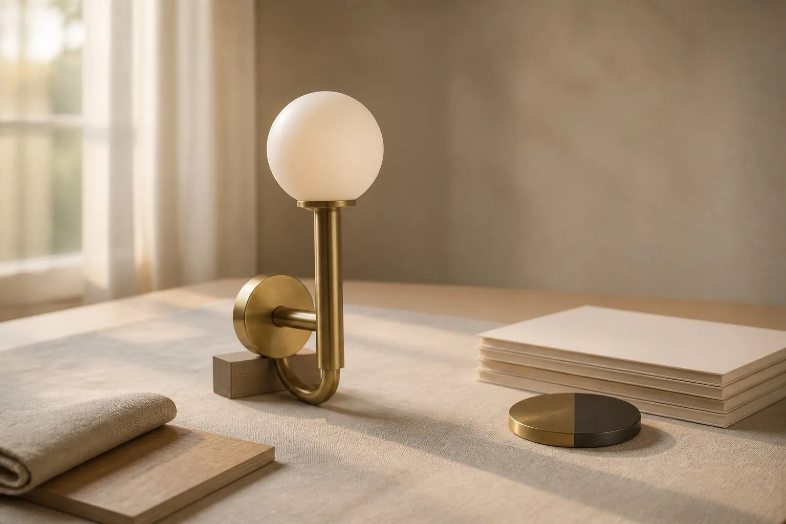 Brushed brass wall sconce beside blank quotation folders and material samples on a hotel lighting review desk