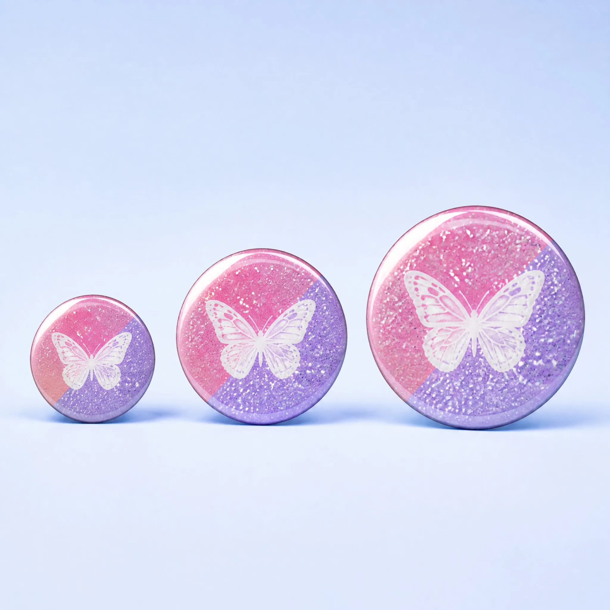 Glitter pin back button badge sizes 32mm 44mm 58mm
