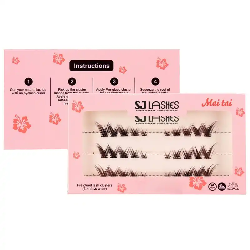 Pink lash card printed with four numbered application instructions, curl your natural lashes, pick up the cluster from the middle, apply underneath, squeeze the root gently, beside a card in sleeve with lash rows - lash card with printed instructions