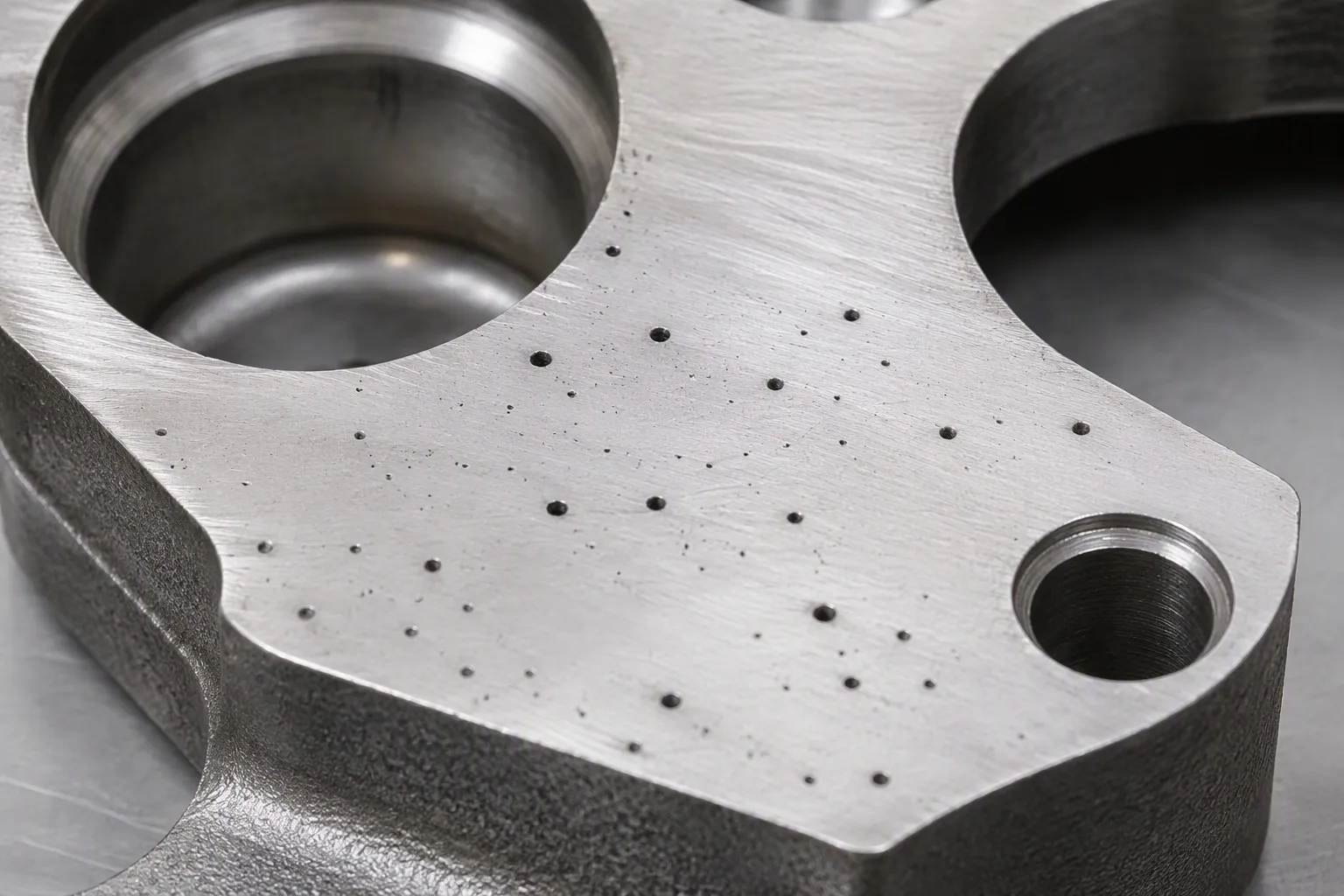 Gas porosity defects — smooth-walled spherical holes visible on machined casting surface