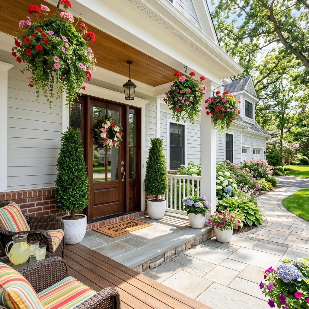 Summer kickoff porch decor with artificial boxwood and geraniums