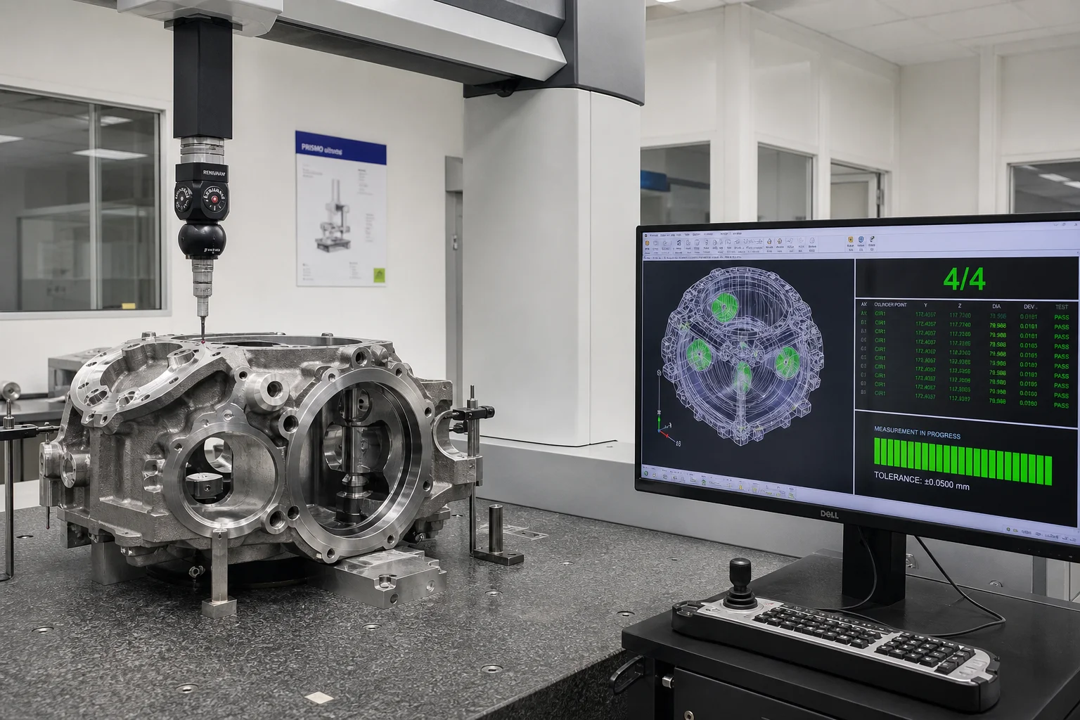 High-precision CNC CMM inspecting complex machined steel casting with 3D CAD digital twin