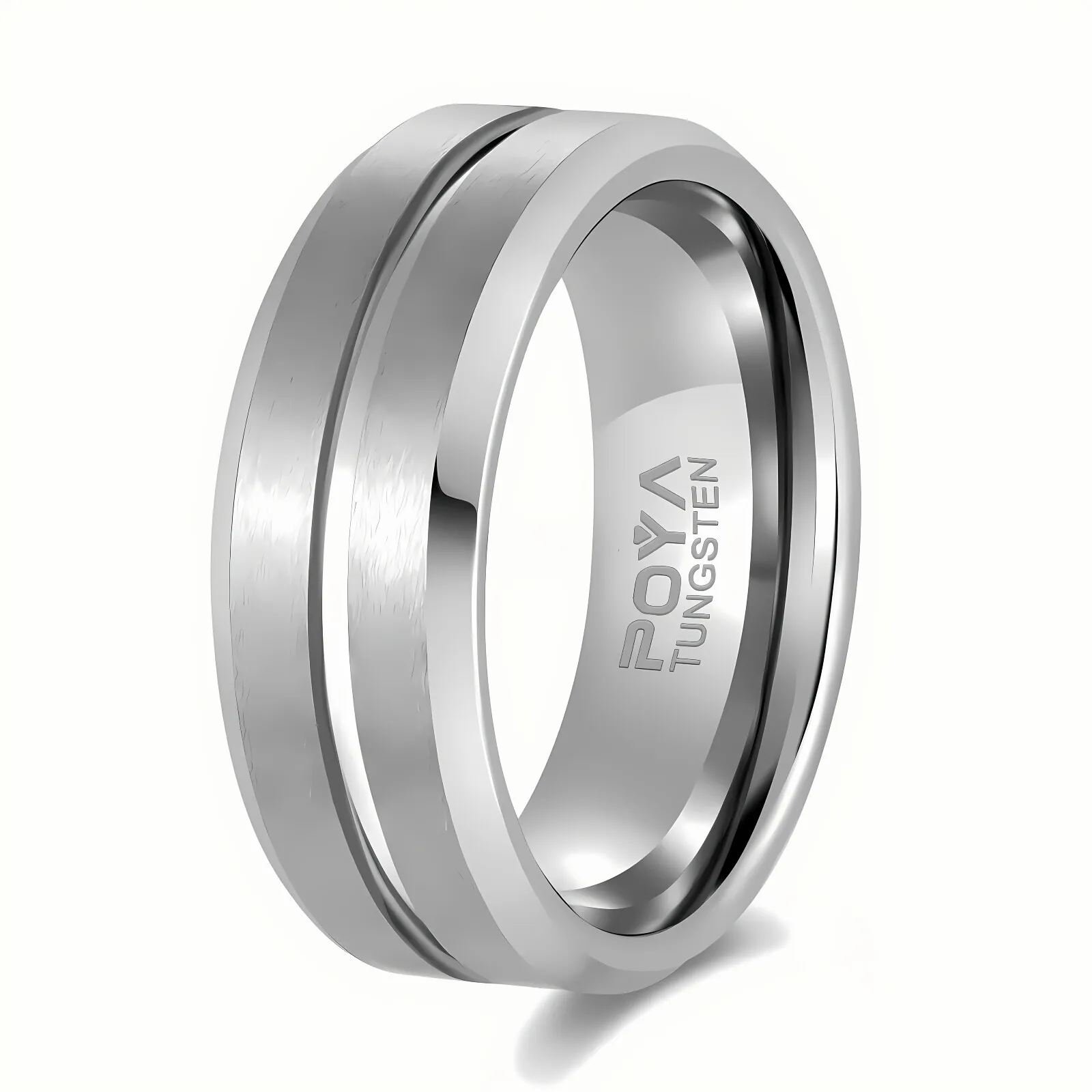 POYA Unisex 8mm Vintage Silver Tungsten Wedding Band Classic Beveled Edges Resizable Ring for Anniversary or Gift