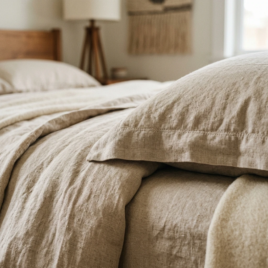Détail d'une taie d'oreiller et d'une housse de couette en lin crème en harmonie