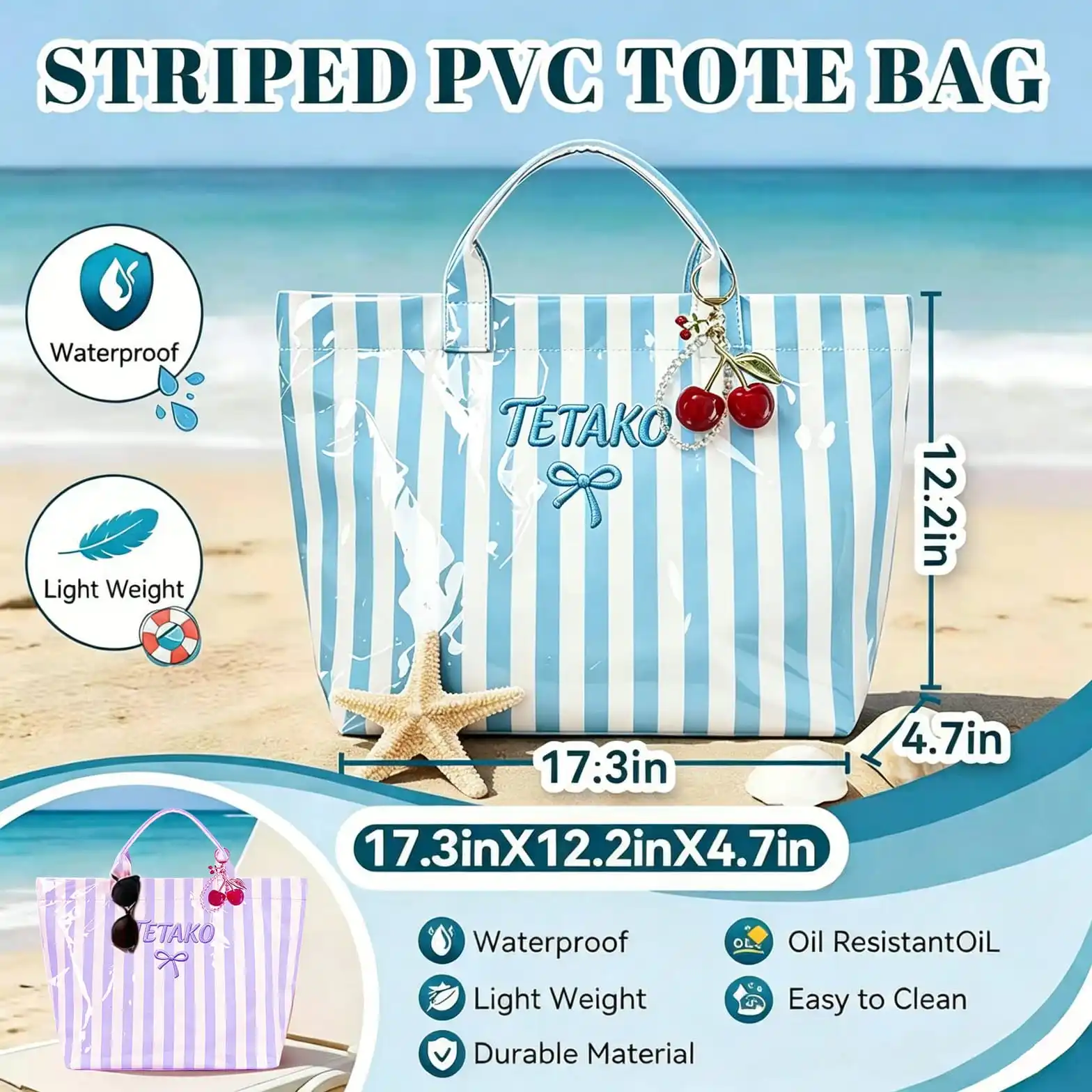 Blue striped PVC tote bag with cherry charm