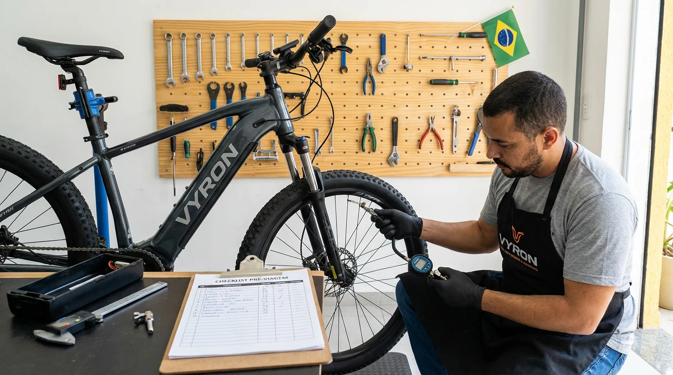 Mecânico verificando e-bike VYRON com checklist antes do feriado