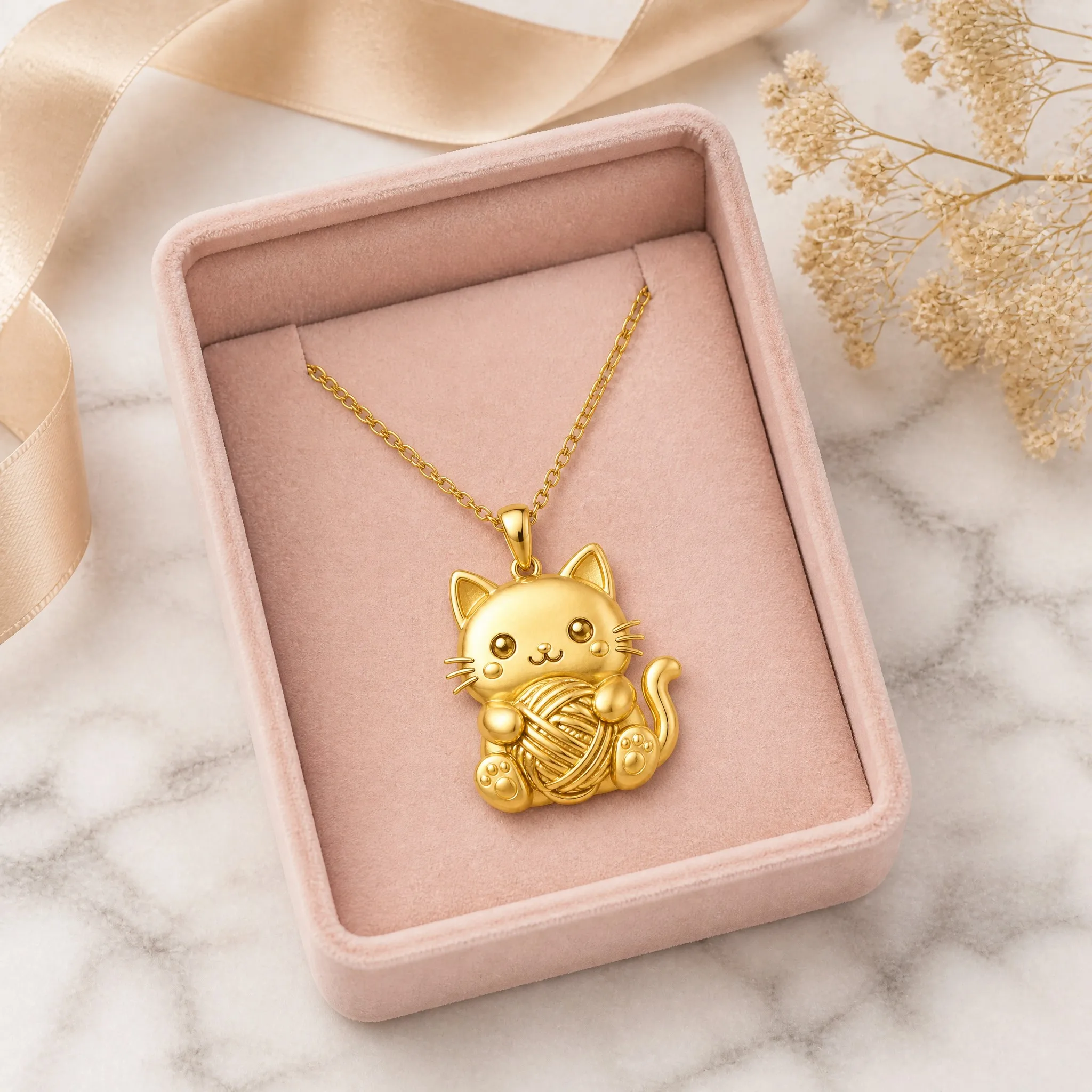 Cat pendant necklace in blush pink velvet gift box with ribbon on marble