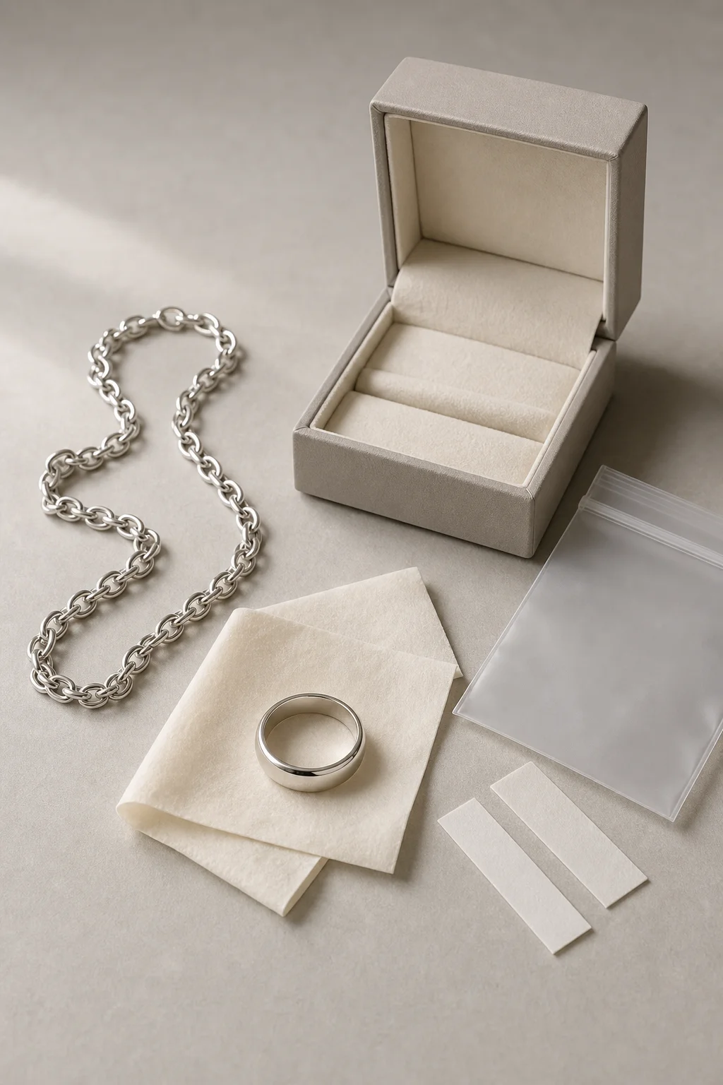 Anti-tarnish jewelry packaging arranged as a still life on a warm grey surface: a coiled sterling silver chain, a silver band ring resting on folded cream acid-free tissue, an open rigid jewelry box with a cream velvet-lined interior and ring slot, a flat frosted translucent zip-lock pouch and two blank white anti-tarnish paper strips