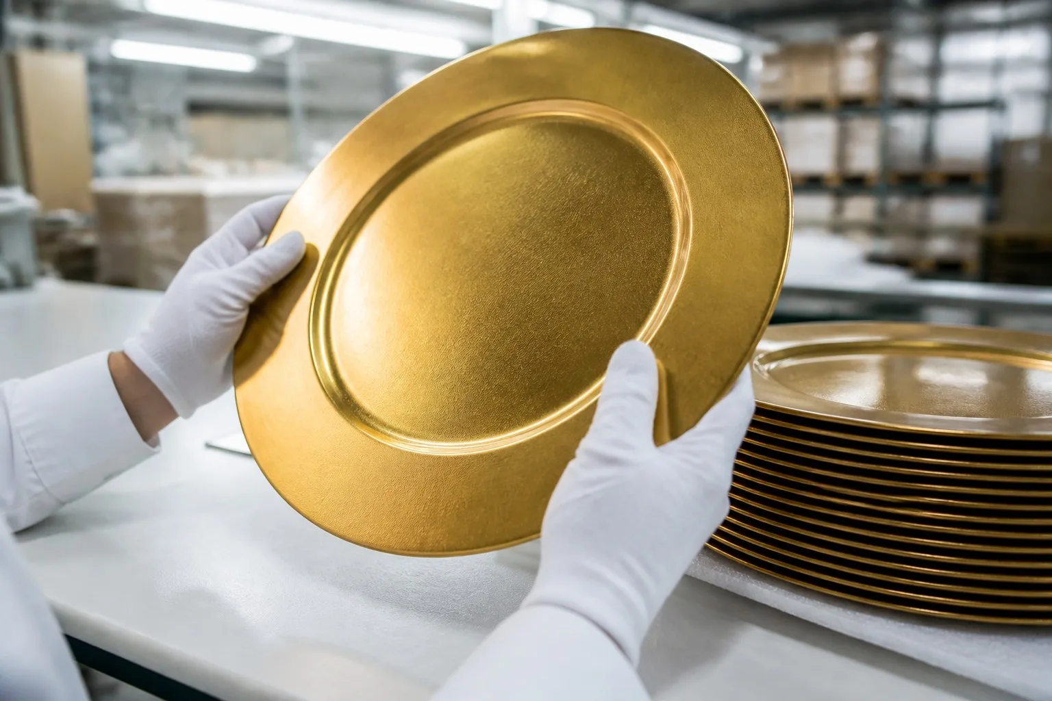 Quality inspector holding a gold charger plate with white gloves in a factory inspection station