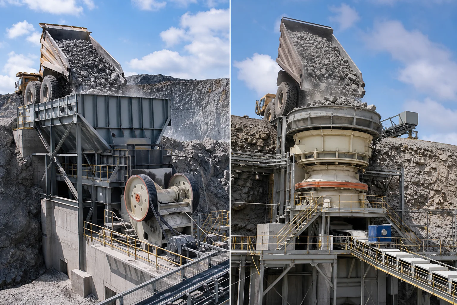 Open pit mining primary jaw crusher station versus primary gyratory crusher dump pocket comparison
