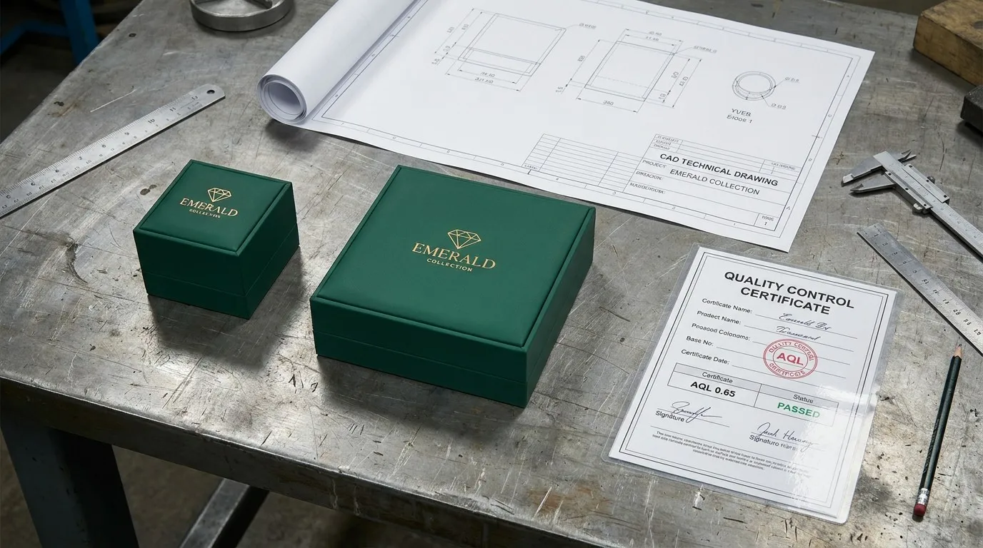 A finished luxury rigid box next to its technical CAD blueprint and QC certificate.