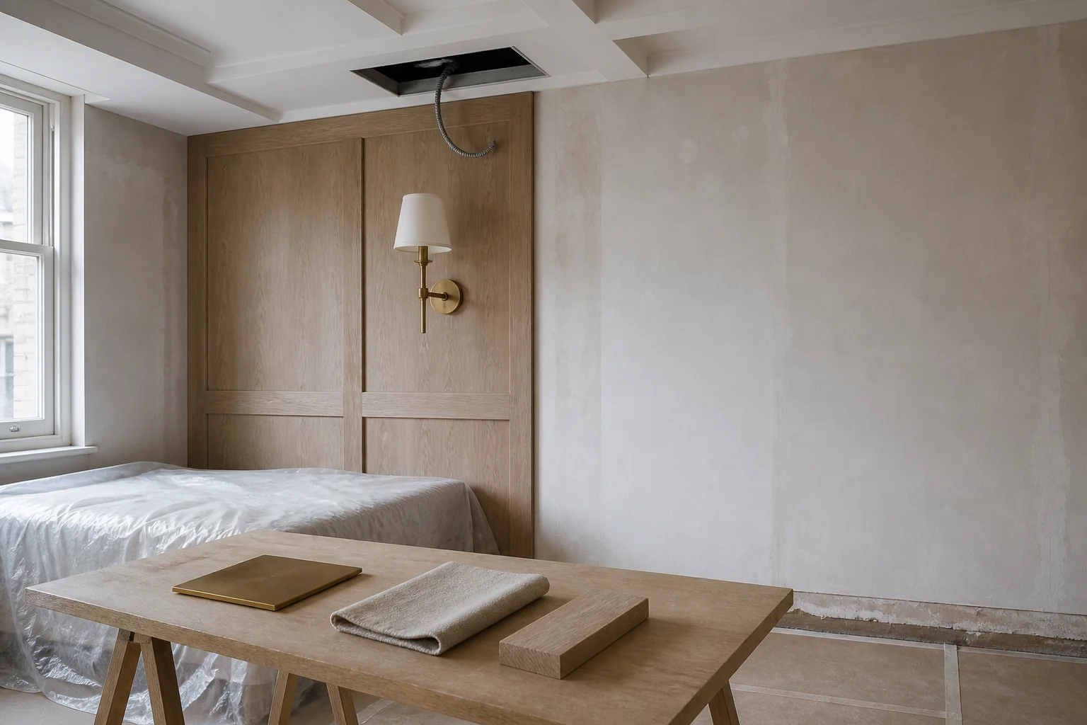Brass wall sconce on an oak panel wall in a stripped hotel room with an open ceiling void and material samples on a trestle