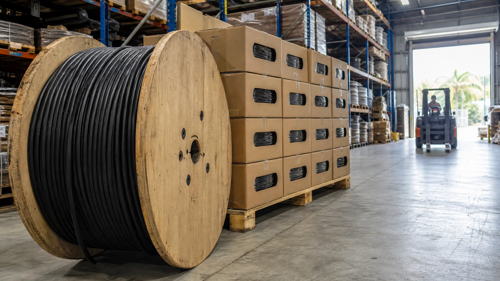 Large HDMI cable reel and cartons on a pallet in a warehouse