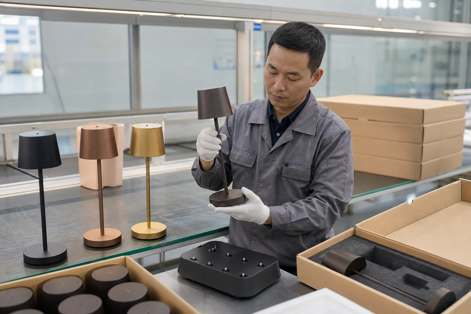 Technician reviewing generic cordless table lamps and a charging base in a factory QC area