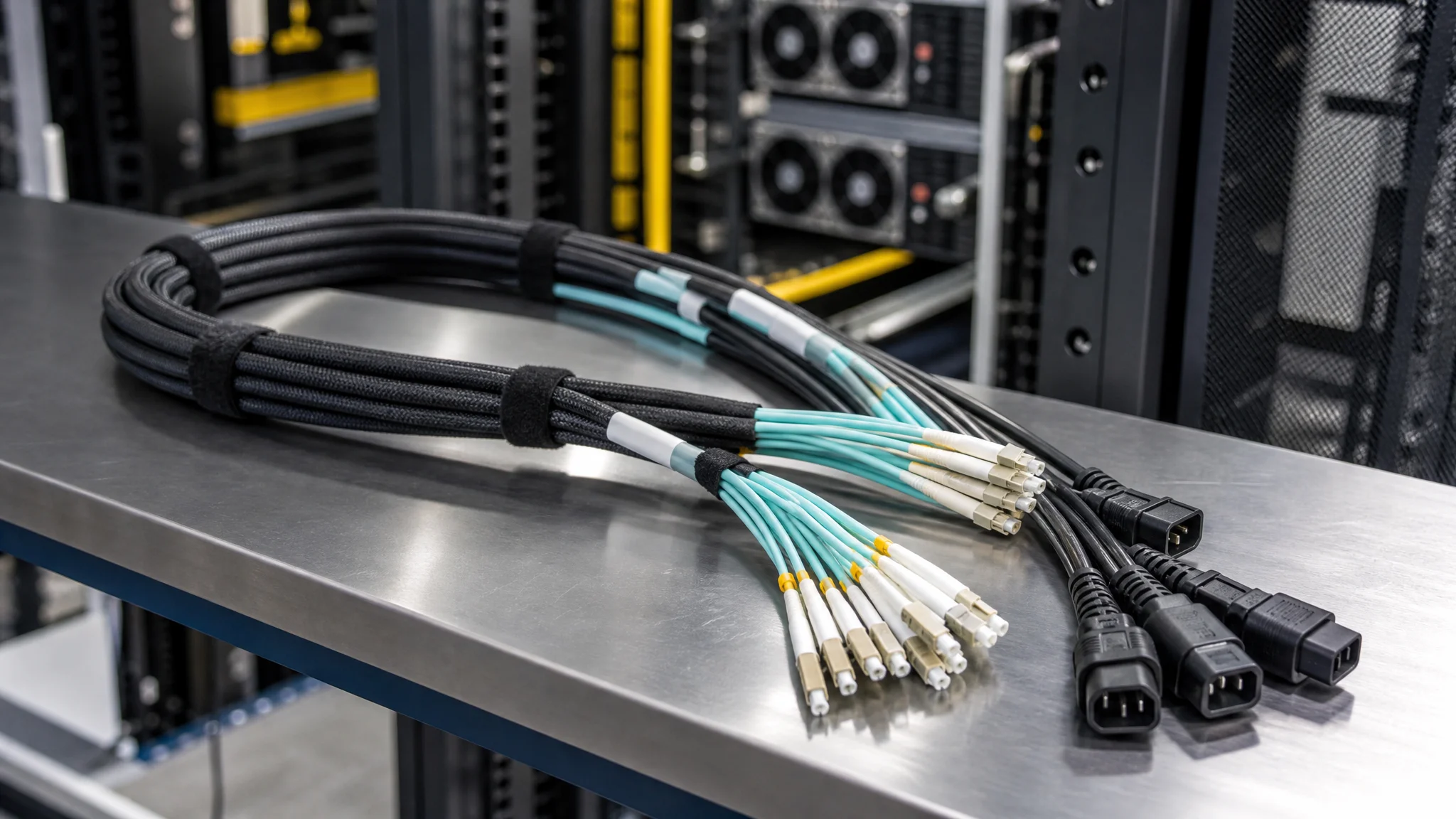 Factory-built bundled cable assembly with fiber, patch cords and power cords on a workbench
